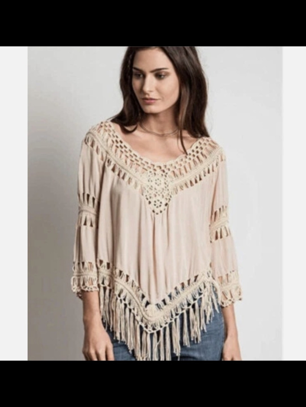 Boho Crochet Fringe Women's Top - Cream